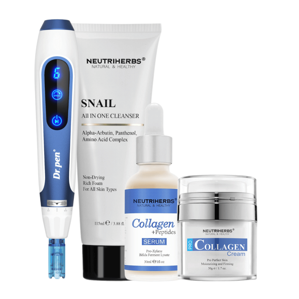 Anti-Age Kit with Dr. Pen A11, Neutriherbs Snail Cleanser, Collagen + Peptides Serum, and Pro Collagen Cream.