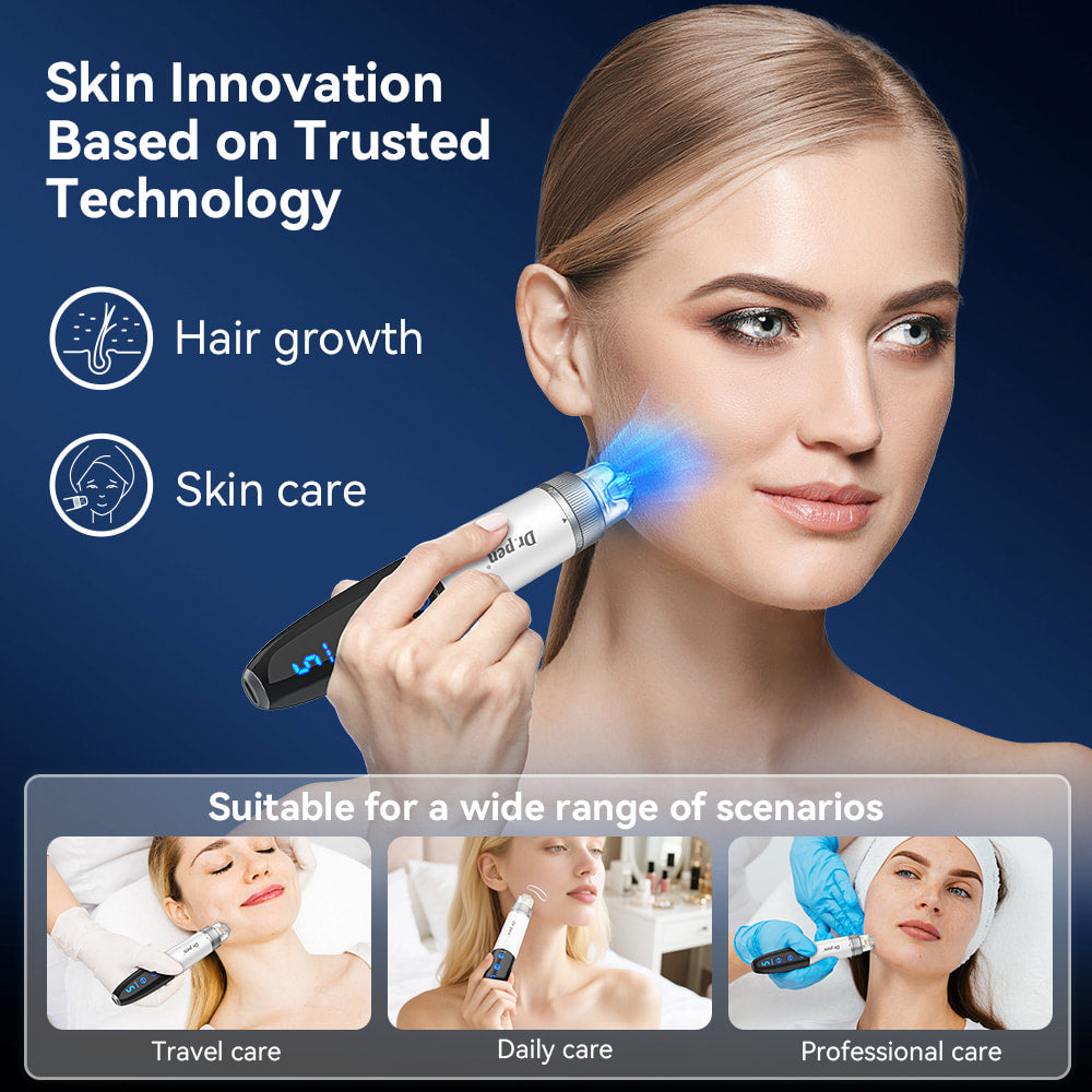 Woman uses Bio Pen Q1S microneedling with blue LED light for skincare and hair stimulation, with examples of use in travel, daily care, and professional treatment.