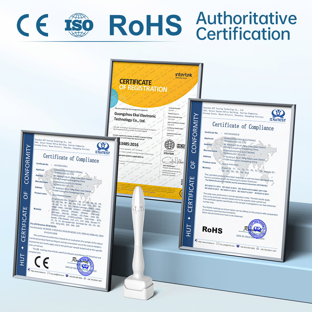 Certifications for Dermastamp DRS 140A including CE, ISO, and RoHS, demonstrating the product's safety and quality.