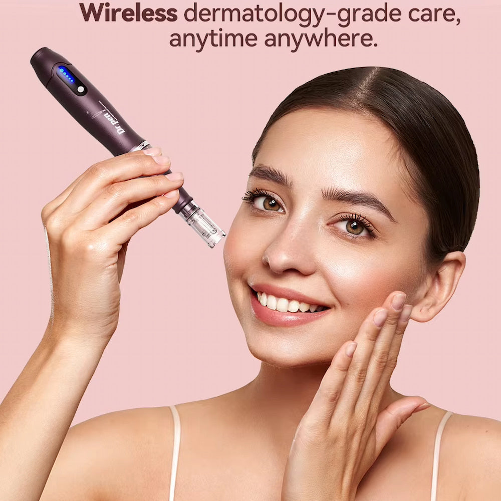 Woman using Dr. Pen a10 wireless microneedling pen for facial skin treatment.