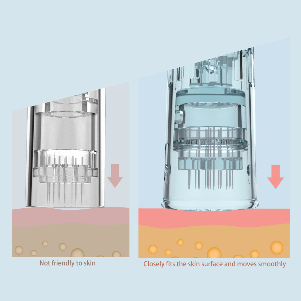Comparison between two needle head designs where Dr. Pen's improved needle cartridge lies smoothly and evenly against the skin for gentle and stable microneedling.