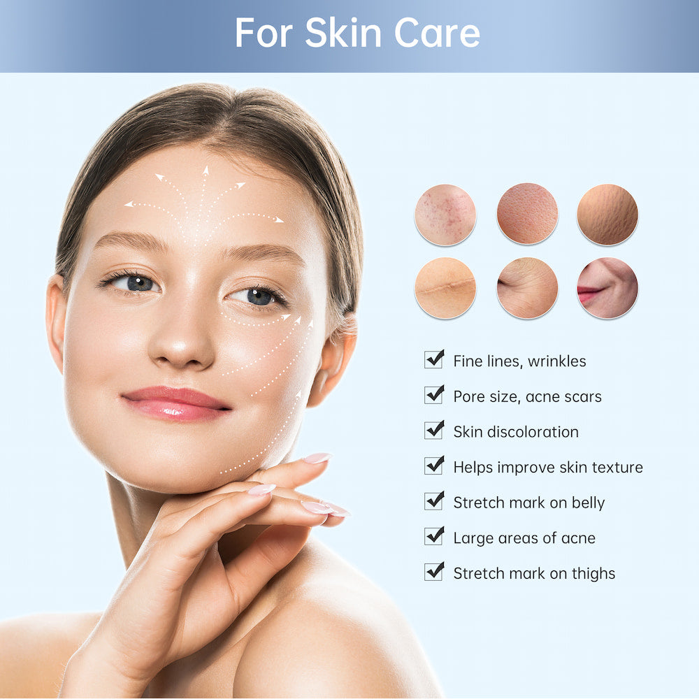 Illustration of a woman with marked arrows on the face showing skincare areas and small skin examples next to it and a list of skin issues that can be treated, such as fine lines, pores, acne scars, and skin texture.