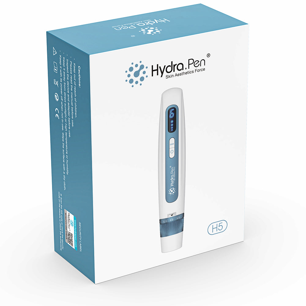 HydraPen H5 packaging showing the white and blue microneedling pen for serum infusion and advanced skin treatment.