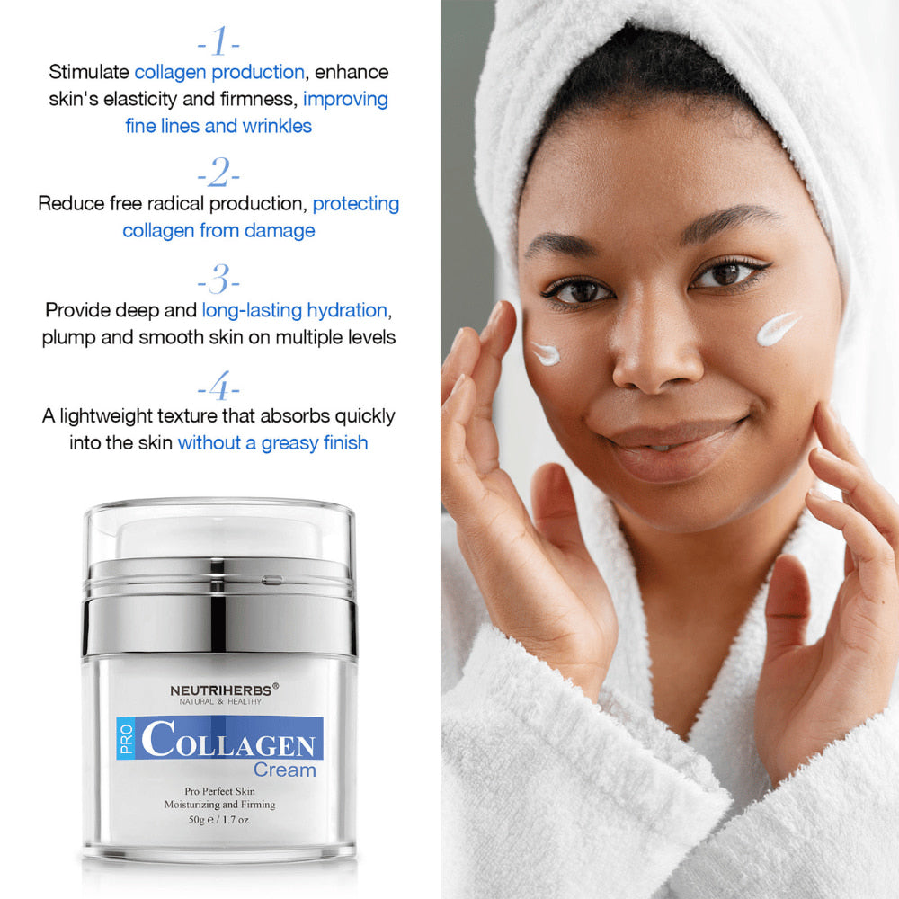 Neutriherbs Pro Collagen Cream 50 g moisturizing face cream with collagen. Image showing the cream applied to the skin and highlighting the product’s properties: stimulates collagen production, contributes to firmer skin, provides long-lasting hydration, and absorbs quickly without feeling greasy.