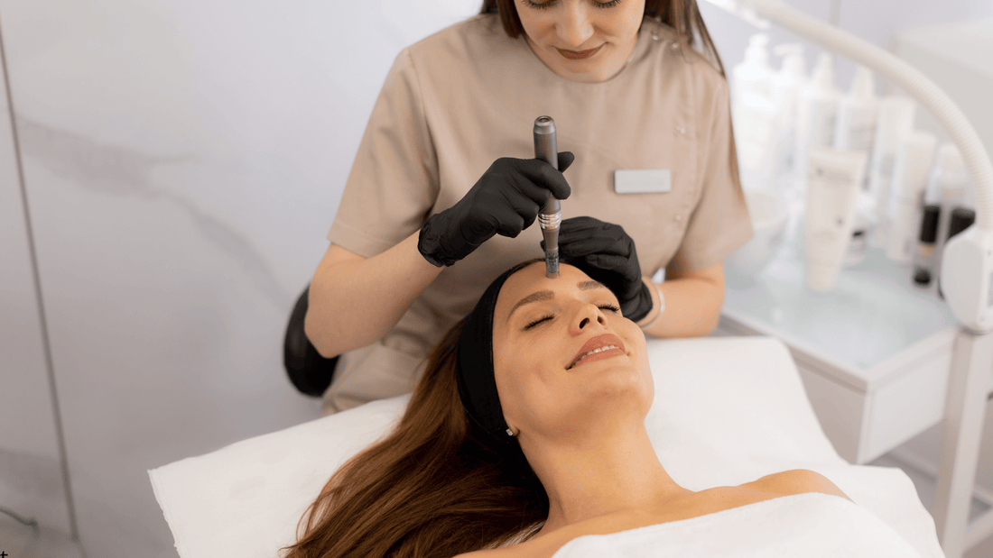 Professionell microneedling-behandling i ansiktet med dermapen – förbättrar hudens struktur, stimulerar kollagen och ger jämnare hudton.