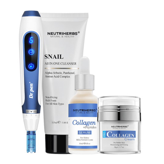 Anti-Age Kit with Dr. Pen A11, Neutriherbs Snail Cleanser, Collagen + Peptides Serum, and Pro Collagen Cream.