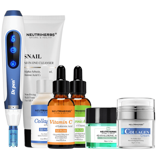 Complete Skin Renewal Kit with Dr. Pen A11, Neutriherbs Snail Cleanser, three serums, 4D Hyaluronic Acid Gel Moisturizer, and Pro Collagen Cream.