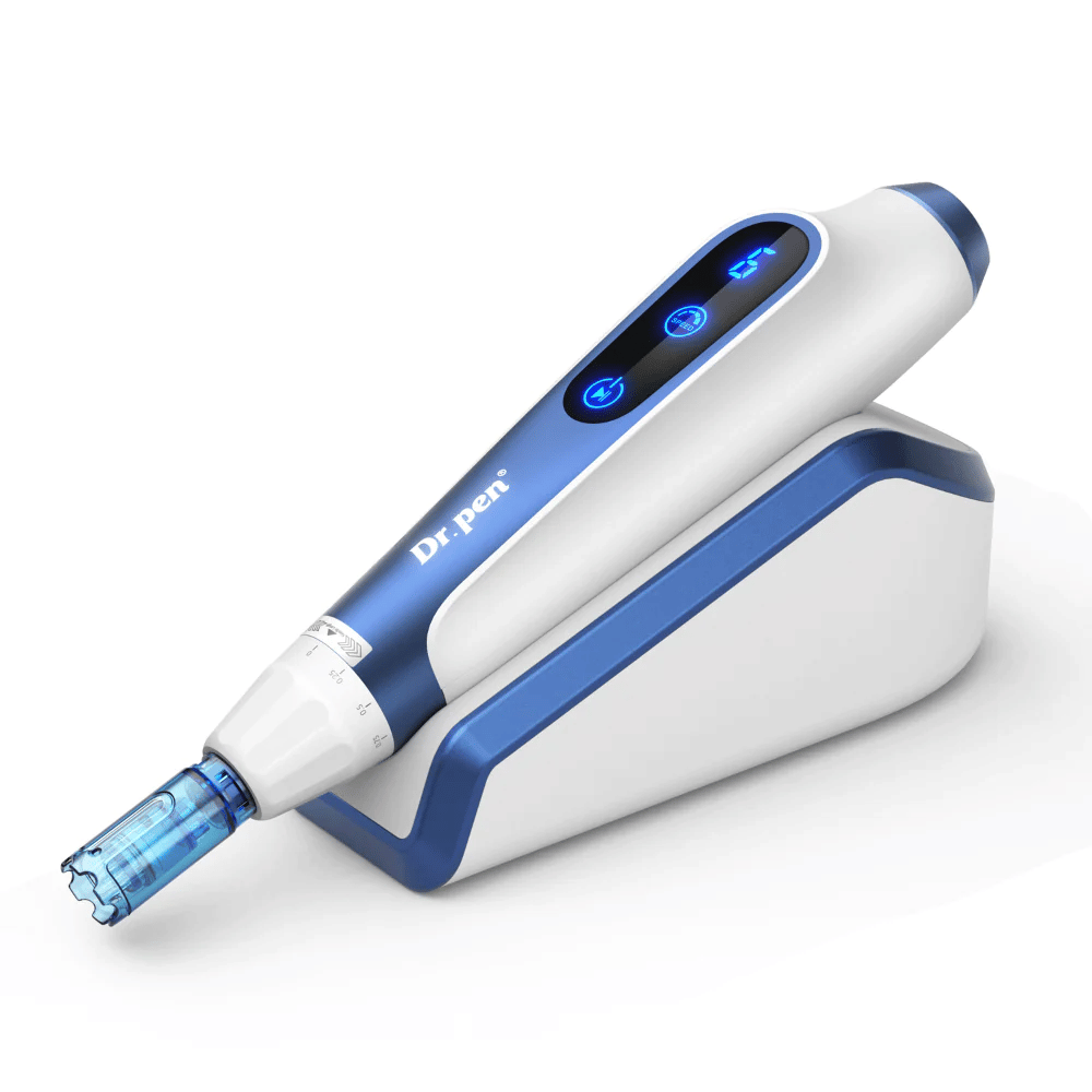 Product image of Dr. Pen A11 in white and blue design on its induction charger – advanced microneedling pen for skin improvement.
