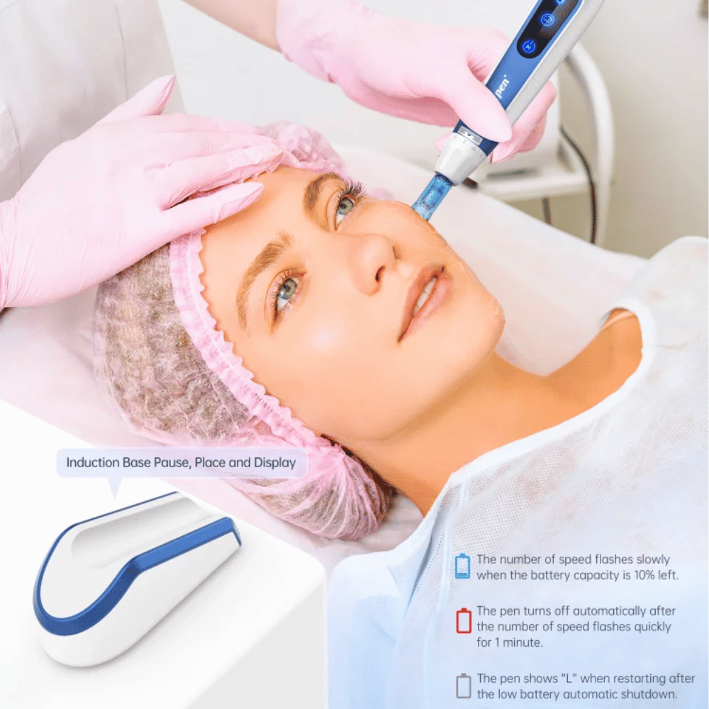 Skin therapist uses Dr. Pen A11 on a client during treatment. The image shows the induction base and automatic safety features.