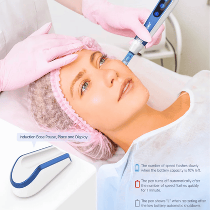 Skin therapist uses Dr. Pen A11 on a client during treatment. The image shows the induction base and automatic safety features.