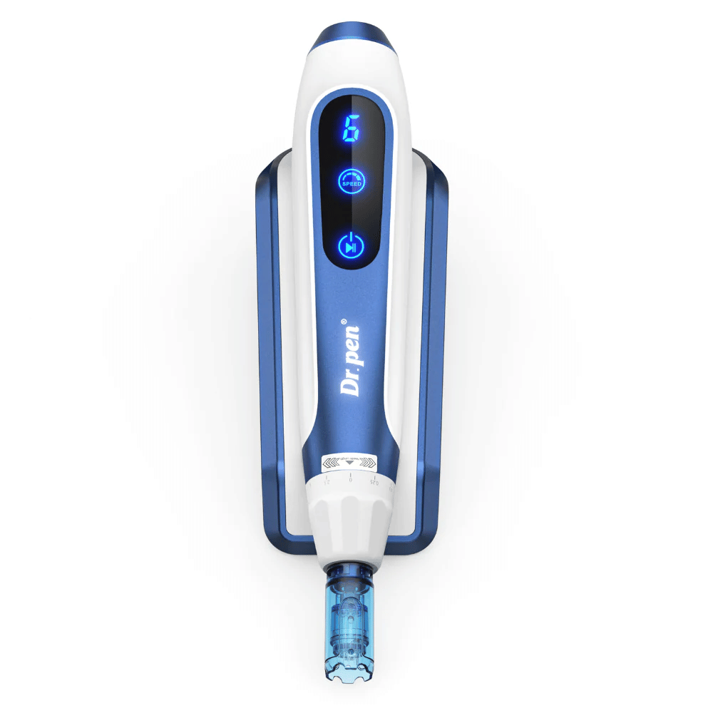 Close-up of Dr. Pen A11 in blue and white design with illuminated digital buttons and needle cartridge. Advanced microneedling pen for professional skin rejuvenation and serum absorption.