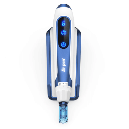 Close-up of Dr. Pen A11 in blue and white design with illuminated digital buttons and needle cartridge. Advanced microneedling pen for professional skin rejuvenation and serum absorption.
