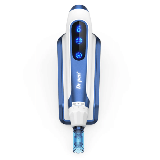 Close-up of Dr. Pen A11 in blue and white design with illuminated digital buttons and needle cartridge. Advanced microneedling pen for professional skin rejuvenation and serum absorption.