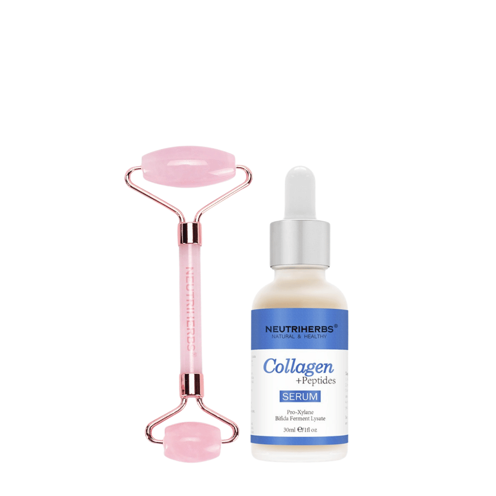 Face Massage Roller Firming Kit with rose quartz roller and Collagen + Peptides Serum