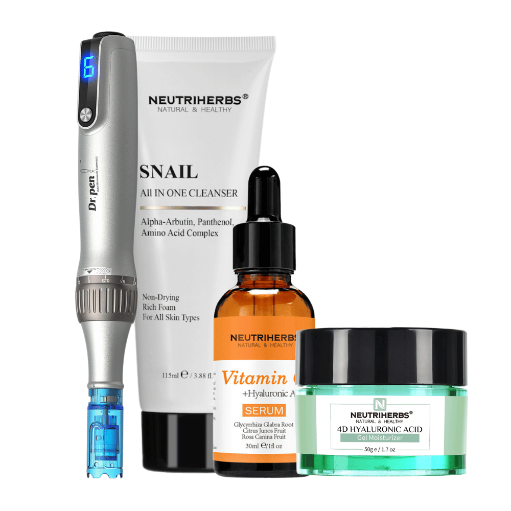 Glow & Brightening Kit with Dr. Pen M8S, Neutriherbs Snail Cleanser, Vitamin C Serum, and 4D Hyaluronic Acid Gel Moisturizer.