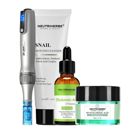 Microneedling Starter Kit with Dr. Pen M8S, Neutriherbs Snail Cleanser, Hyaluronic Acid Serum, and 4D Hyaluronic Acid Gel Moisturizer.