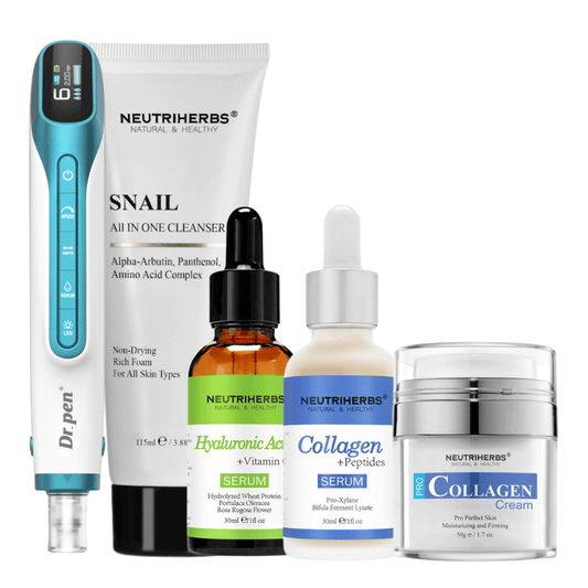 Premium Anti-Aging Kit with Dr. Pen H6, cleanser, hyaluronic acid serum, collagen serum, and collagen cream.