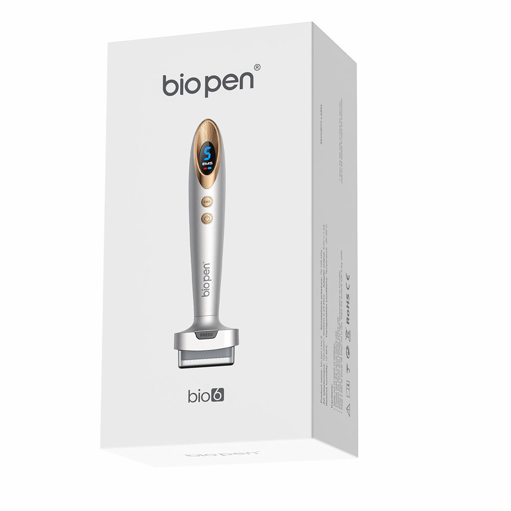 Bio Pen Bio 6 product packaging showing microneedling-device with EMS function, designed for advanced skin and hair care treatment.