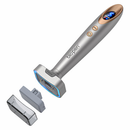 Bio Pen Bio 6 with detachable microneedling-head and EMS function, shown with interchangeable accessories for advanced skin treatment and improved absorption.