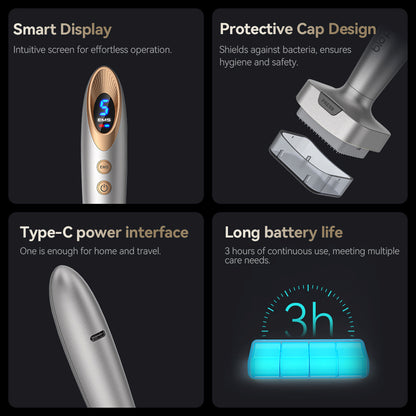 Bio Pen Bio 6 functional overview with smart display, protective cap for hygiene, Type-C charging, and long battery life of up to 3 hours, designed for effective skin and hair care treatment.
