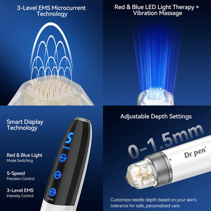 Bio Pen Q1S microneedling with 3-level EMS microcurrent, red and blue LED light, smart display, and adjustable needle depth 0–1.5 mm for advanced skin treatment.