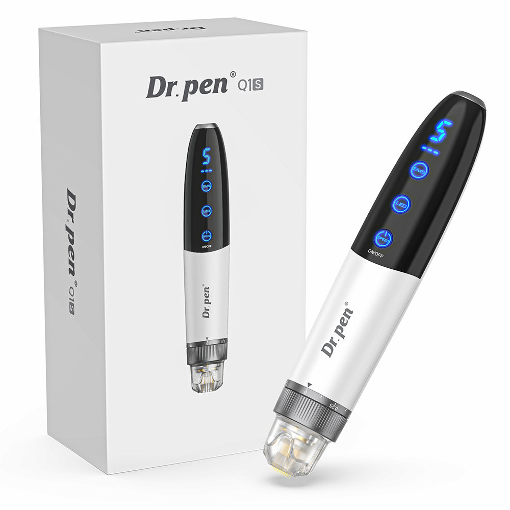 Bio Pen Q1S microneedling-pen with LED and EMS features, shown together with product packaging for professional skin treatment.