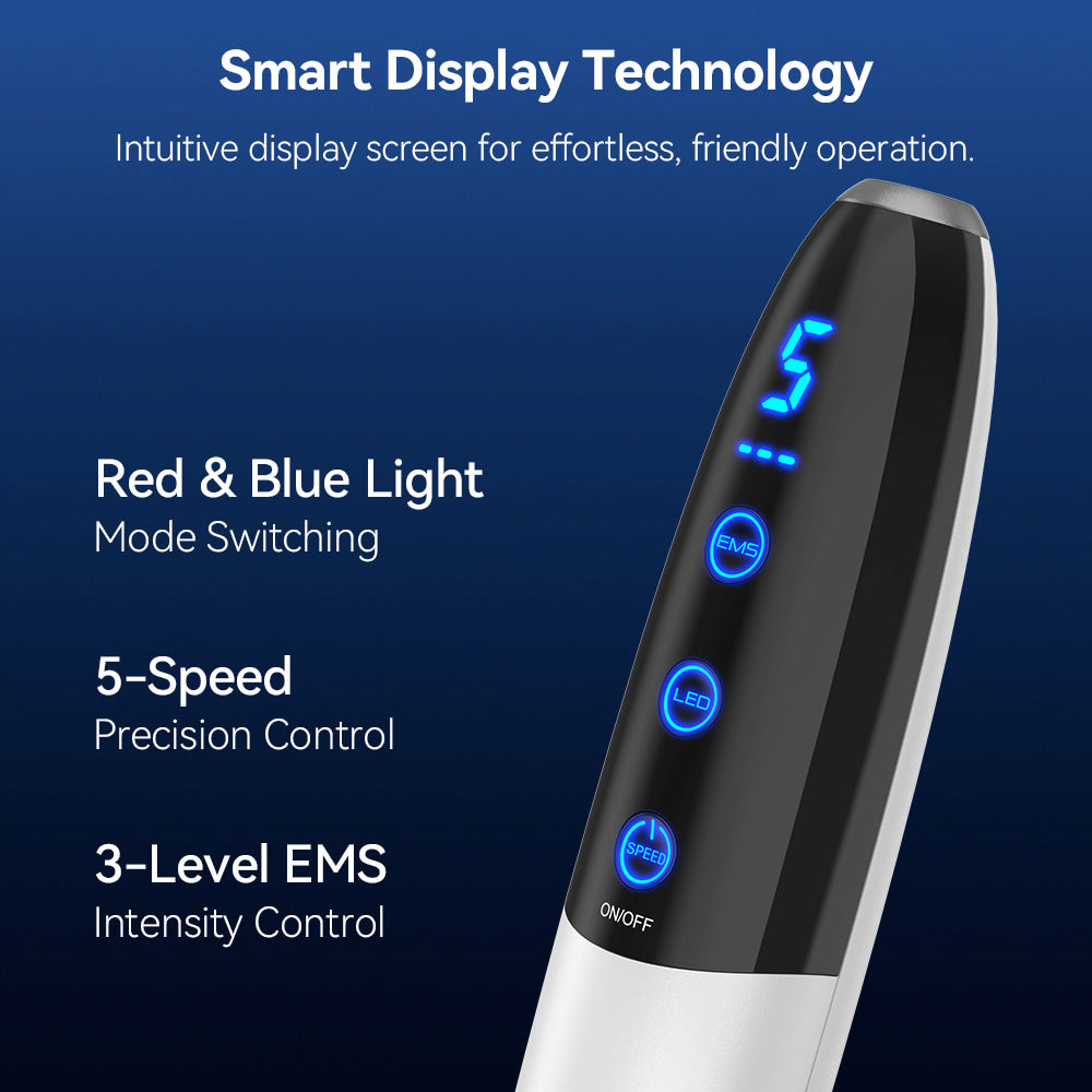 Bio Pen Q1S with smart display technology showing red and blue light mode, 5 speeds, and adjustable EMS intensity for advanced microneedling treatment.