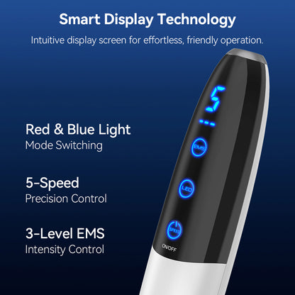 Bio Pen Q1S with smart display technology showing red and blue light mode, 5 speeds, and adjustable EMS intensity for advanced microneedling treatment.