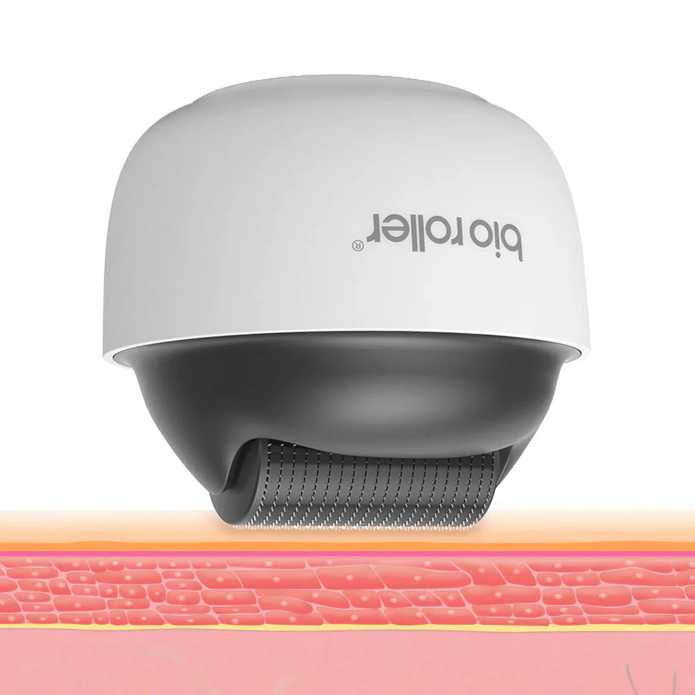 Bio Roller G4 microneedling-roller showing how the microneedles penetrate the skin's surface to stimulate collagen and improve skin structure.
