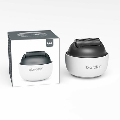 Bio Roller G4 microneedling-roller along with the product packaging, designed for facial treatment, skin rejuvenation, and improved serum absorption.