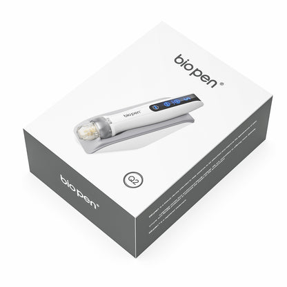 Biopen Q2 microneedling pen shown on the top of a white and gray product box with a clear logo and picture of the pen on the lid.