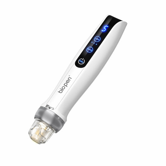 White BioPen Q2 microneedling pen with digital LED display, function buttons, and transparent needle module.