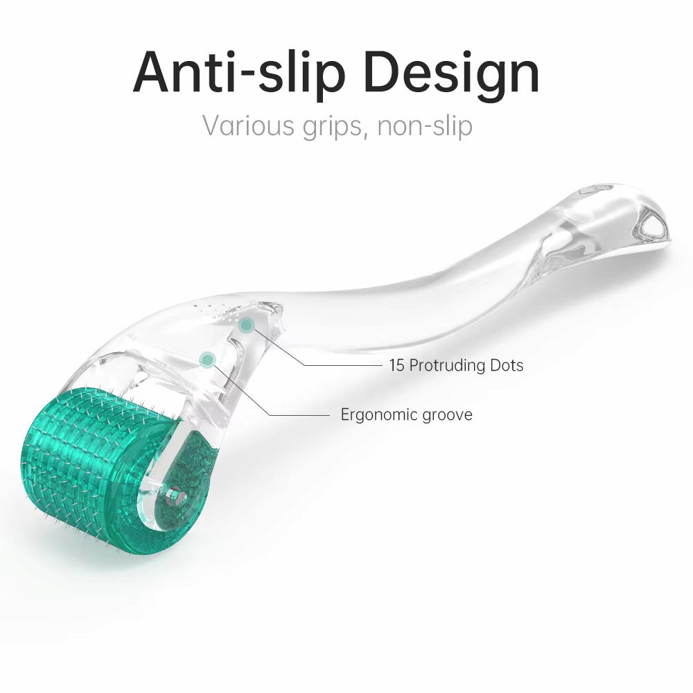 Dermaroller DRS 192 med anti-slip design, ergonomiskt handtag och 15 greppunkter för stabil och säker microneedlingbehandling.