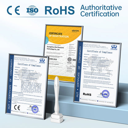 Certifications for Dermastamp DRS 140A including CE, ISO, and RoHS, demonstrating the product's safety and quality.