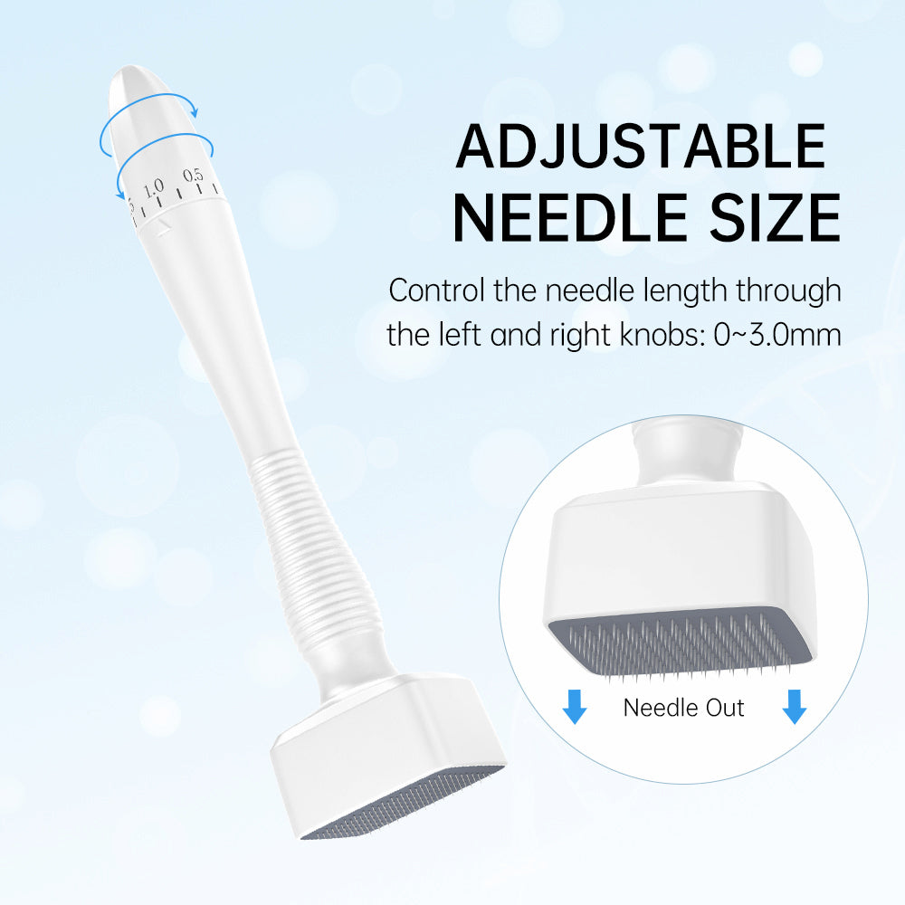 Dermastamp DRS 140A with adjustable needle length 0–3.0 mm, shows how microneedling needles can be set for different skin treatments by turning the dial.