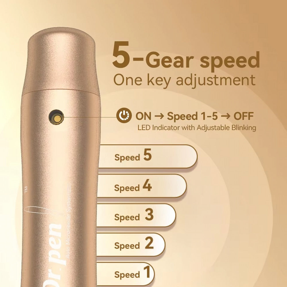 Illustration of Dr Pen M5 in gold showing 5-step speed adjustment with a button, as well as an LED indicator that flashes differently depending on speed level from 1 to 5.