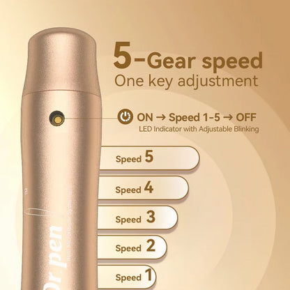 Illustration of Dr Pen M5 in gold showing 5-step speed adjustment with a button, as well as an LED indicator that flashes differently depending on speed level from 1 to 5.