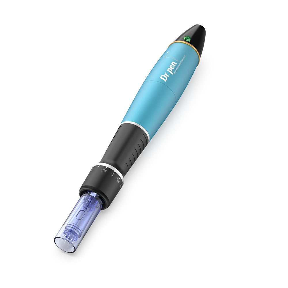 Dr. Pen A1 blue microneedling-pen with needle cartridge, ergonomic microneedling device for professional skin treatment.