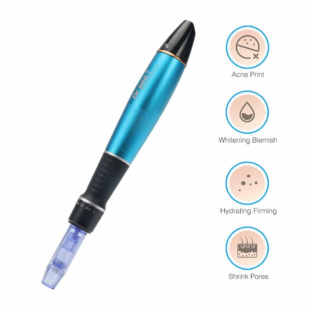 Dr. Pen A1 blue microneedling-pen showing treatment effects such as reduced acne scars, brighter skin tone, increased hydration, and reduced pores.