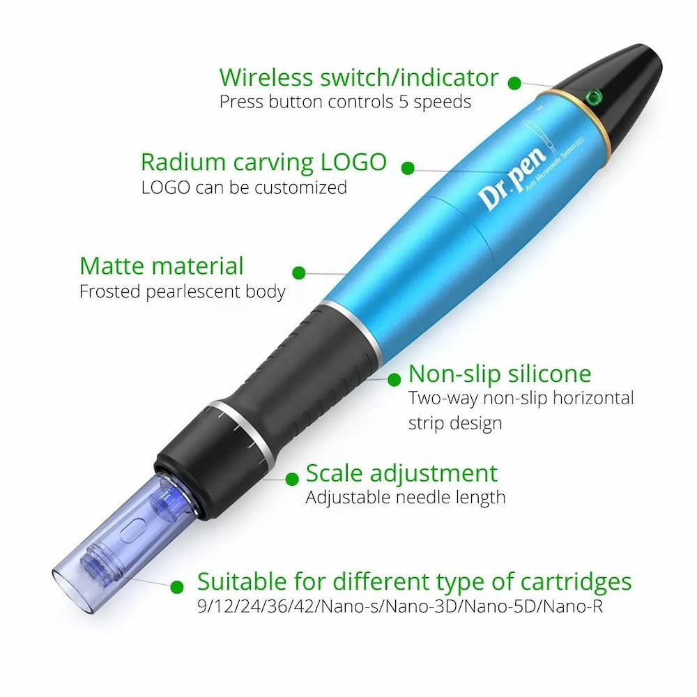 Dr. Pen A1 blue microneedling-pen with five speeds, non-slip silicone handle, adjustable needle length, and compatibility with multiple needle cartridges.