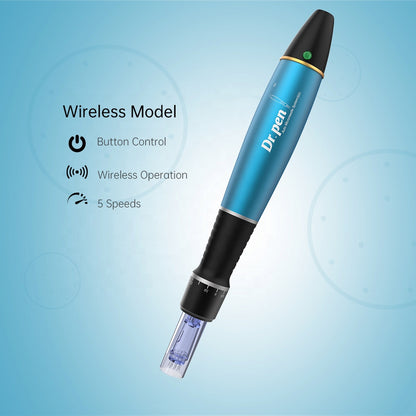 Dr. Pen A1 wireless microneedling-pen with button control, wireless operation, and five adjustable speeds for professional skin treatment.