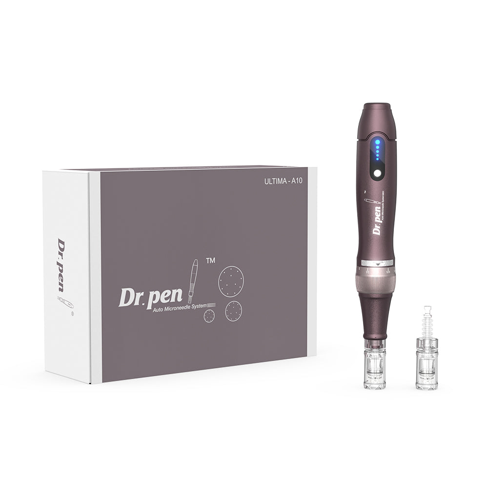 Dr. Pen A10 microneedling pen in purple with needle heads and original packaging, complete kit for professional skin treatment.