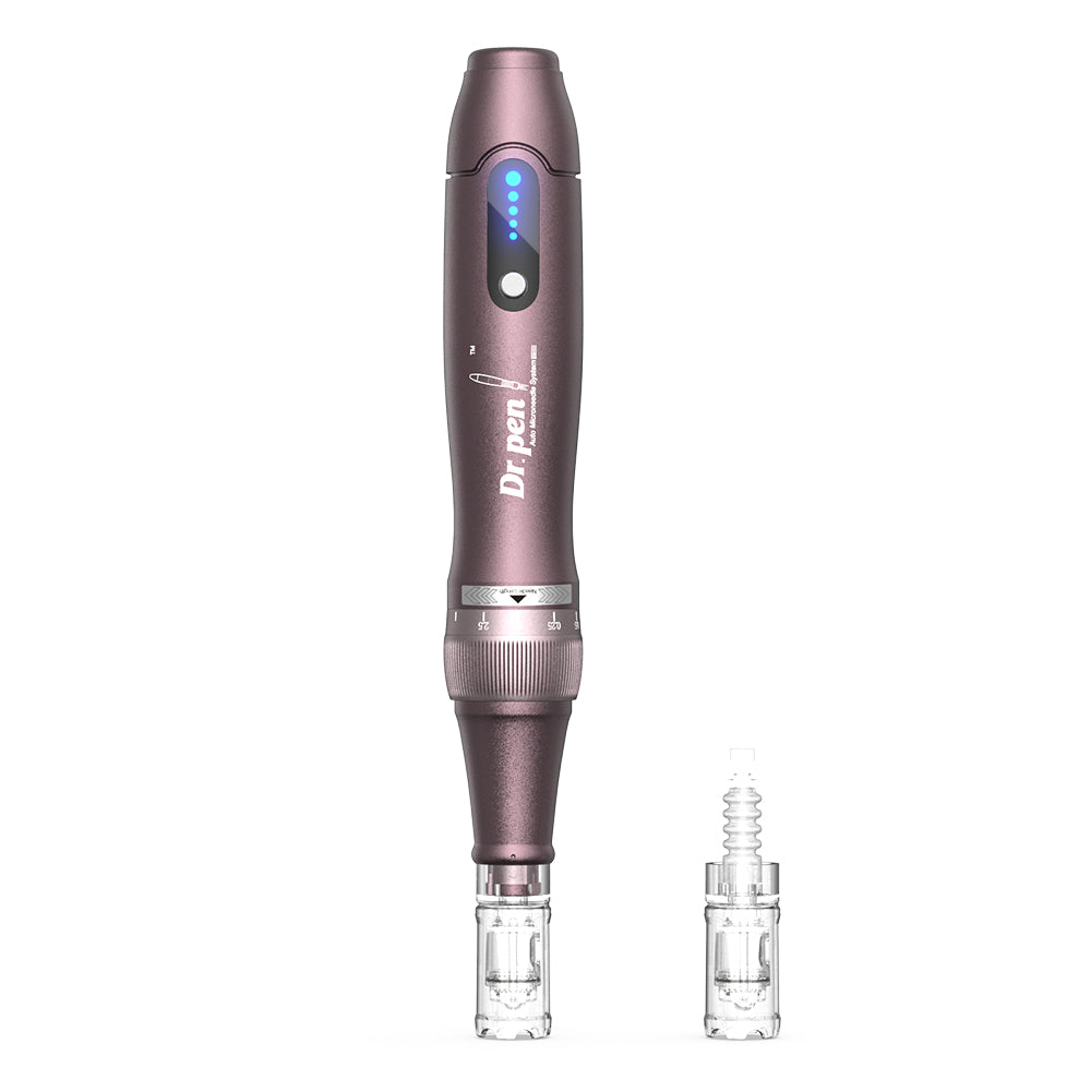 Dr. Pen A10 microneedling pen in purple with mounted needle head and an extra needle head next to it for professional skin treatment.