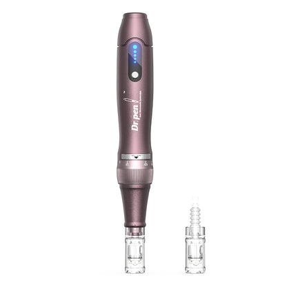 Dr. Pen A10 microneedling pen in purple with mounted needle head and an extra needle head next to it for professional skin treatment.