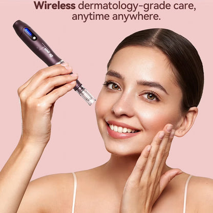Woman using Dr. Pen a10 wireless microneedling pen for facial skin treatment.