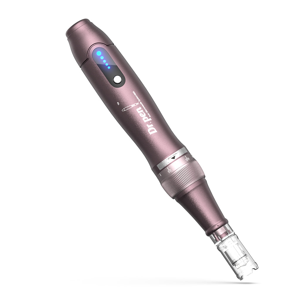 Dr. Pen A10 microneedling pen in purple with blue LED indicator and needle head for precise and professional skin treatment.