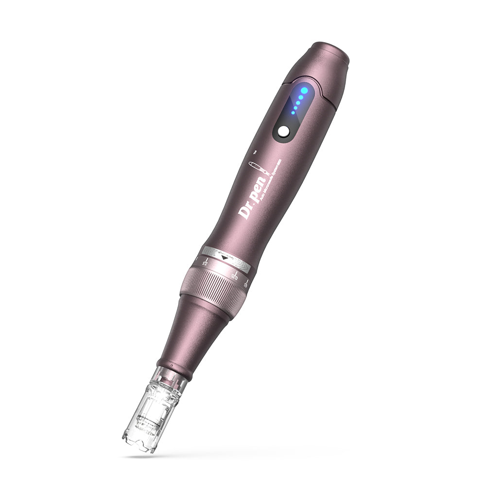 Dr. Pen A10 microneedling pen in purple with LED indicator and mounted needle head for precise and professional skin treatment.