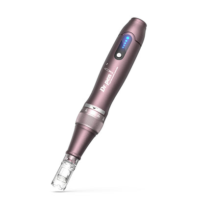 Dr. Pen A10 microneedling pen in purple with LED indicator and mounted needle head for precise and professional skin treatment.