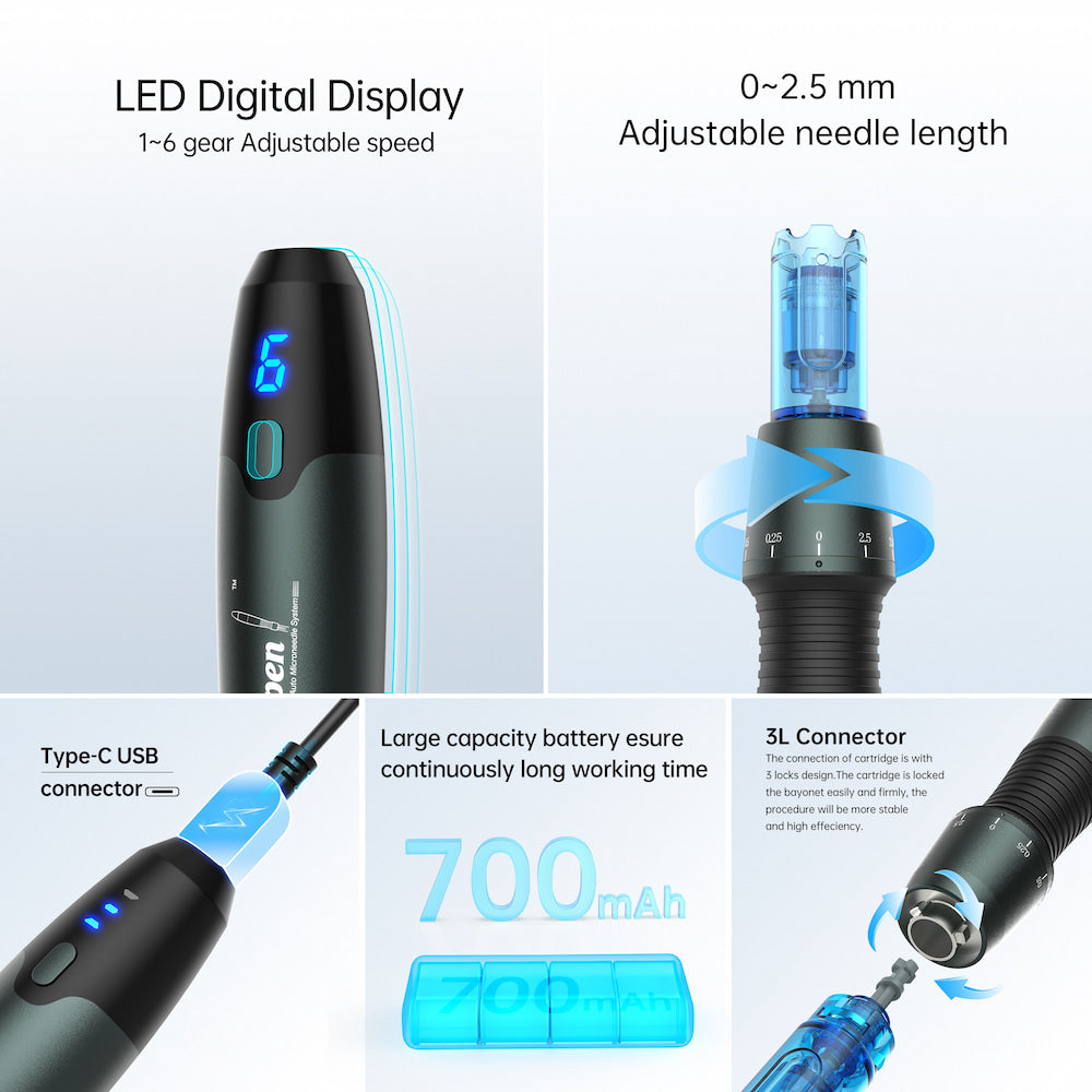 Dr. Pen A20 microneedling-pen with LED display, adjustable needle depth 0–2.5 mm, Type-C charging, 700 mAh battery, and stable 3L-connector for safer treatment.