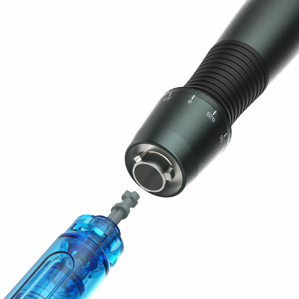 Close-up of Dr. Pen A20 microneedling-pen where a blue needle cartridge is attached, showing easy installation of replaceable needle modules for professional skin treatment.